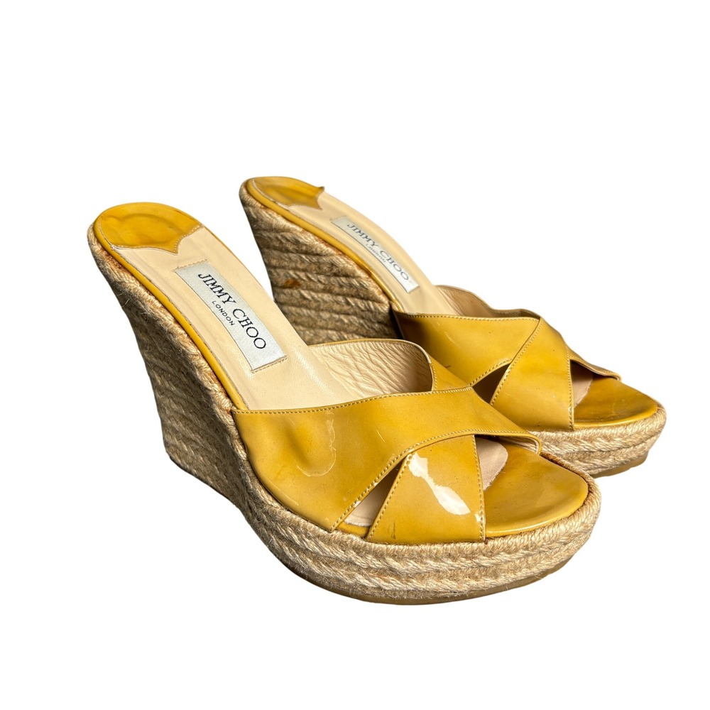 Jimmy Choo Yellow Patent‎ Leather Crisscross Espadrille Wedge Sandals Womens 42